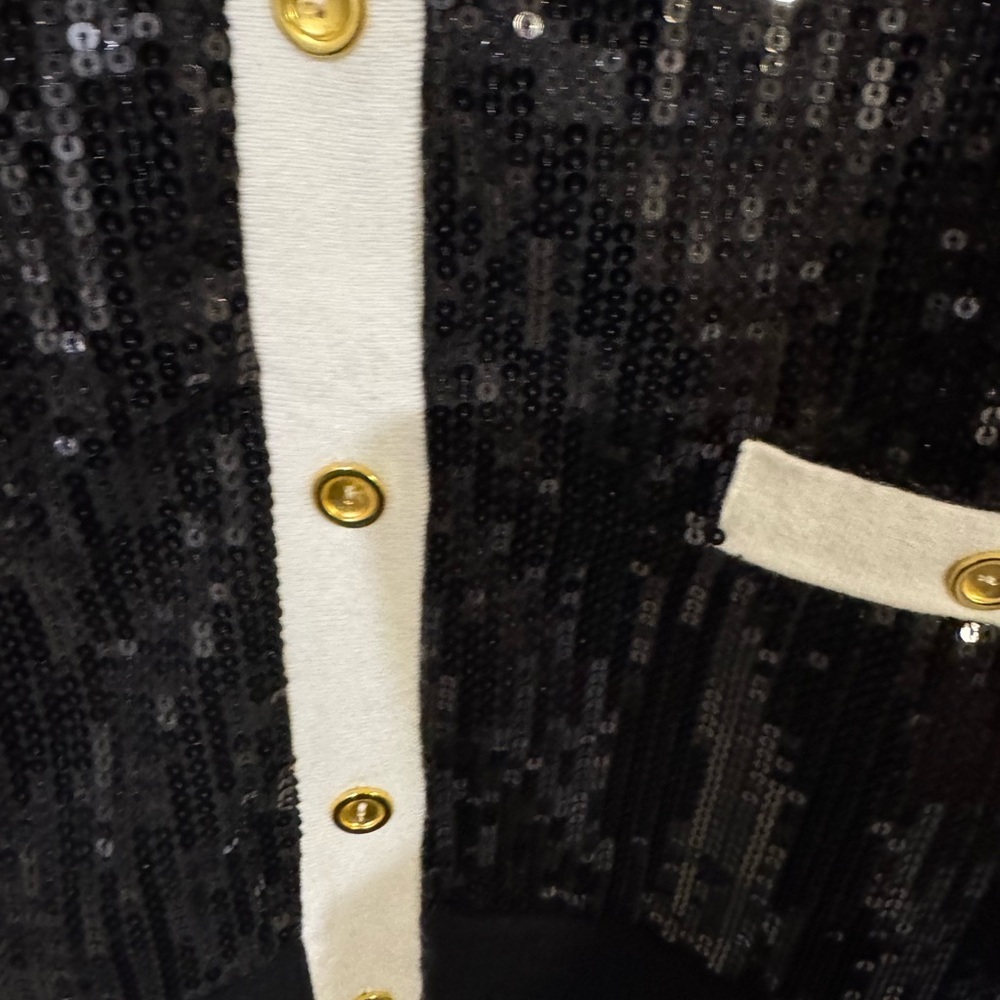 BCBGMAXAZRIA NWT Black Sequin Cardigan Jacket Cream Trim Gold Buttons M - Picture 10 of 11